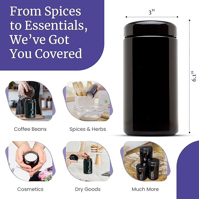Infinity Jars Classic Black Glass Jar 500 ml (17 fl oz) Ultraviolet Airtight Smell Proof, Refillable Screw Top Container for Long-Term Storage of Coffee, Spices, Tea, Dried Goods, Kitchen Jar 3 Pack