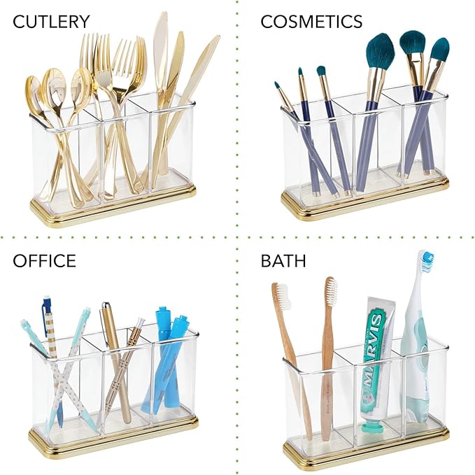 mDesign Plastic Cutlery Utensil Holder Storage Organizer Caddy for Kitchen Countertop Organization - Holds Fork, Knife, Spoon, Silverware - 3 Divided Sections - Hyde Collection - Clear/Soft Brass