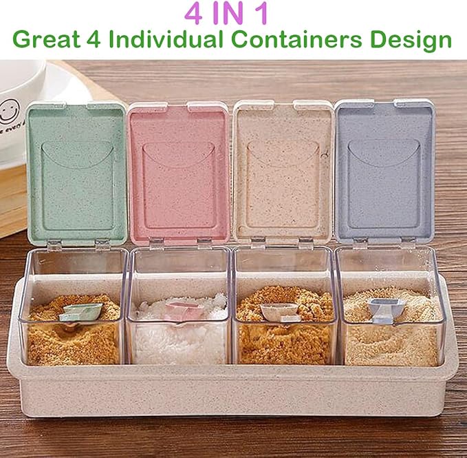ZaoProteks Condiment Jar Spice Container with Lids and Spoons, Condiment Canisters Pots Seasoning Box Salt Container Sugar Bowl Set of 4 for Kitchen, Counter and Food Storage