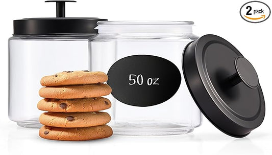 KooK Glass Kitchen Canister Set, Food & Storage Containers for Pantry, Bathroom Apothecary Jars, Tinplate tight Lids, Counter Organizers, 50 oz, Black, Set of 2
