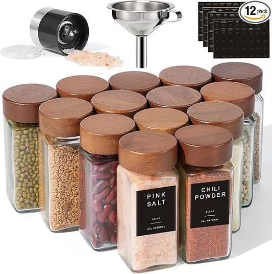 Yangbaga Glass Spice Jars with Labels: 14p 4oz Wide Mouth Square Bottle w/Pepper Grinder&Funnel - Airtight Wood Lid & Dishwasher Safe - Home Kitchen Pantry Daily Use - Gift for Newlyweds/Households
