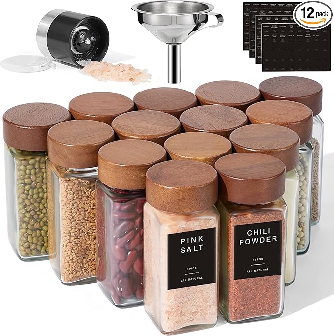 Yangbaga Glass Spice Jars with Labels: 14p 4oz Wide Mouth Square Bottle w/Pepper Grinder&Funnel - Airtight Wood Lid & Dishwasher Safe - Home Kitchen Pantry Daily Use - Gift for Newlyweds/Households