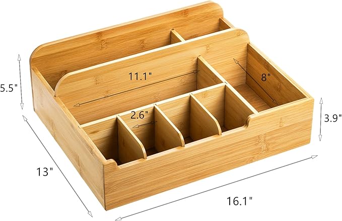 Frcctre Bamboo Utensil Caddy Organizer for Countertop, 8 Compartment Paper Plate Holder, Adjustable Utensil Holder Cutlery Organizer Box for Plate, Cup, Fork, Spoon, Napkin