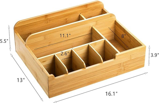 Frcctre Bamboo Utensil Caddy Organizer for Countertop, 8 Compartment Paper Plate Holder, Adjustable Utensil Holder Cutlery Organizer Box for Plate, Cup, Fork, Spoon, Napkin