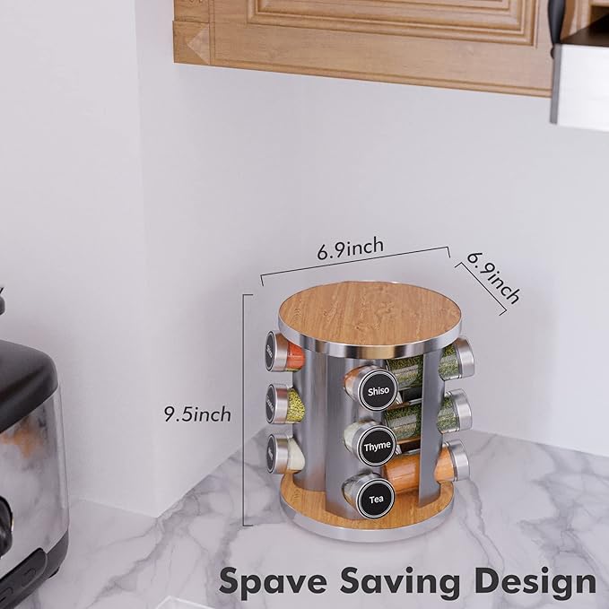 New England Stories Revolving Spice Rack Set with 12 Spice Jars, Kitchen Spice Tower Organizer for Countertop or Cabinet - Carousel Storage Includes 386 Spice Labels
