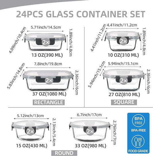 UMEIED 12 PACK Glass Food Storage Containers with Leak Proof Lids, Glass Airtight Meal Prep Containers Set for Lunch, On the Go, Leftover, Kitchen Pantry Organizers and Storage (Grey)