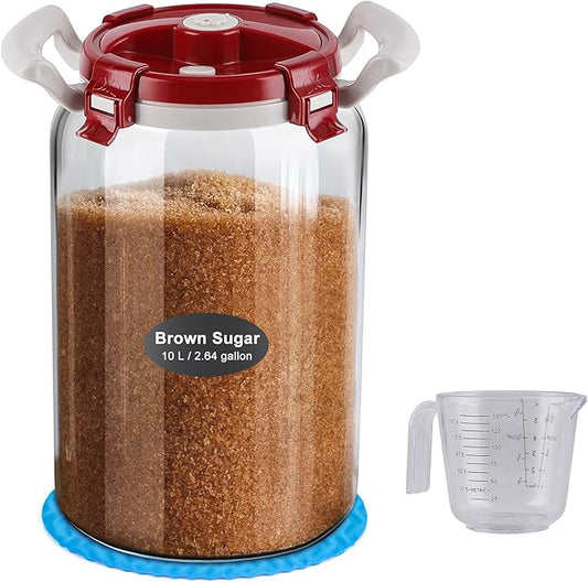2.6Gallon/10L Glass Sugar Container with Lid - Airtight Food Storage Containers for Flour and Sugar, BPA-Free, Wide Mouth, Include Measuring Cup, Premium Kitchen Canisters for Pantry Organization