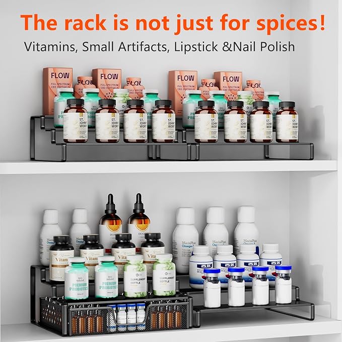 Simple Trending Spice Rack Organizer for Cabinet, 2 Pack 3 Tier Seasoning Organizer, Expandable Shelf, Step Storage Holder, Kitchen Cabinet Countertop, with Sliding Drawer, Metal, Black