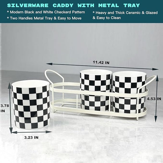 Silverware Caddy Countertop, Utensil Caddy For Party, Cutlery Flatware Organizer Storage, Spoon Fork Holder Basket for Parties Kitchen Coffee Bar Picnic Buffe-Ceramics Black and White Checkered