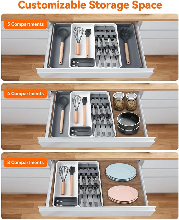 OTraki Silverware Drawer Organizer Expandable Utensil Drawer Organizer with Removable Cutlery Holder and Storage Tray Flatware Utensil Drawer Organiser Fork Knife Spoon Holder for Drawer Grey + White