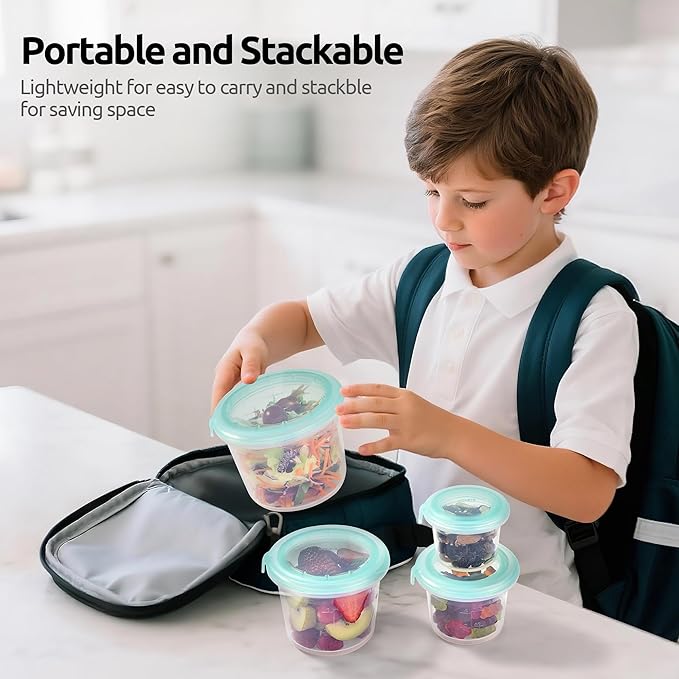 U-Taste 2oz Silicone Food Container: Mini Kitchen Storage with Airtight Lid, Freezer & Microwave Safe, Dip Box with Date Marking Circle, Clear Round Stackable for Sauce, Dressing, Condiment (Teal)