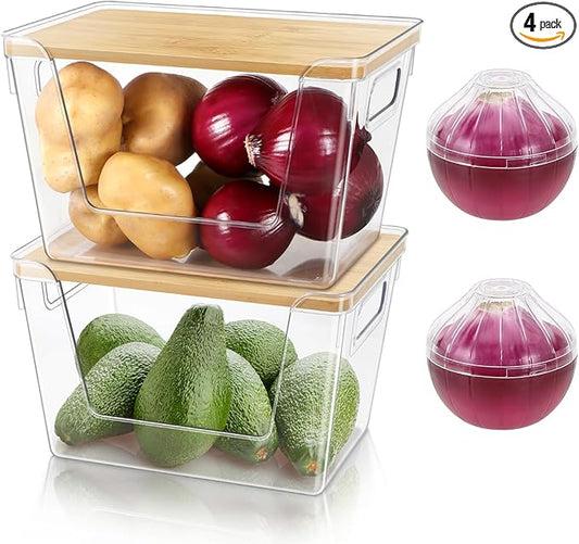 2 Set Potato Onion Storage Containers and Pantry Organizers Bin BPA-Free, Stackable Clear Plastic Storage Basket with Lid & Handle for Kitchen Counter, Cabinet, Fridge for Fruit, Vegetable, Produce