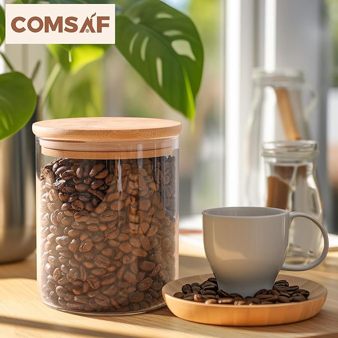 ComSaf 25oz Glass Food Storage Jars Set of 6, Clear Glass Storage Containers with Lids, Pantry Organization Jar, Spice Jar, Blooming Tea, Coffee and Sugar Container, Small Canister Set for Kitchen