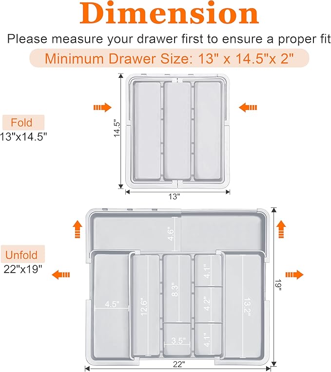 Large Utensil Drawer Organizer Expandable Silverware Organizer for Kitchen Drawer Adjustable Cooking Utensil Holder Cutlery Flatware Tray Spatula Tools Gadgets Storage Dividers Plastic Grey