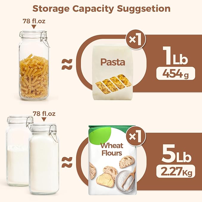 ComSaf Airtight Glass Canister Set of 3 with Lids 78oz Food Storage Jar Square - Storage Container with Clear Preserving Seal Wire Clip Fastening for Kitchen Canning Flour, Cereal, Pasta, Sugar, Beans