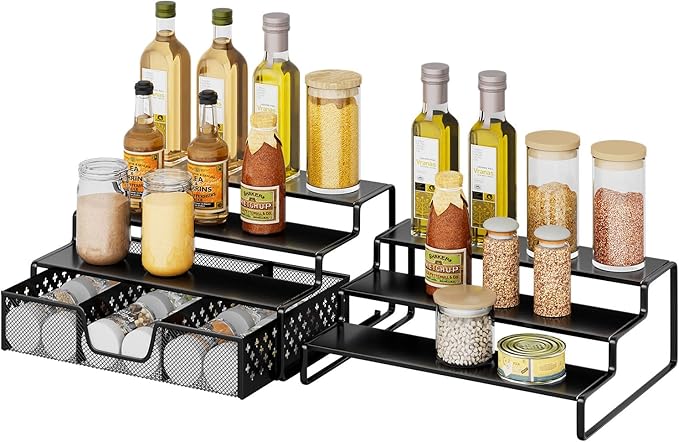 Simple Trending Spice Rack Organizer for Cabinet, 2 Pack 3 Tier Seasoning Organizer, Expandable Shelf, Step Storage Holder, Kitchen Cabinet Countertop, with Sliding Drawer, Metal, Black