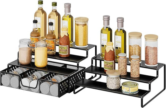 Simple Trending Spice Rack Organizer for Cabinet, 2 Pack 3 Tier Seasoning Organizer, Expandable Shelf, Step Storage Holder, Kitchen Cabinet Countertop, with Sliding Drawer, Metal, Black