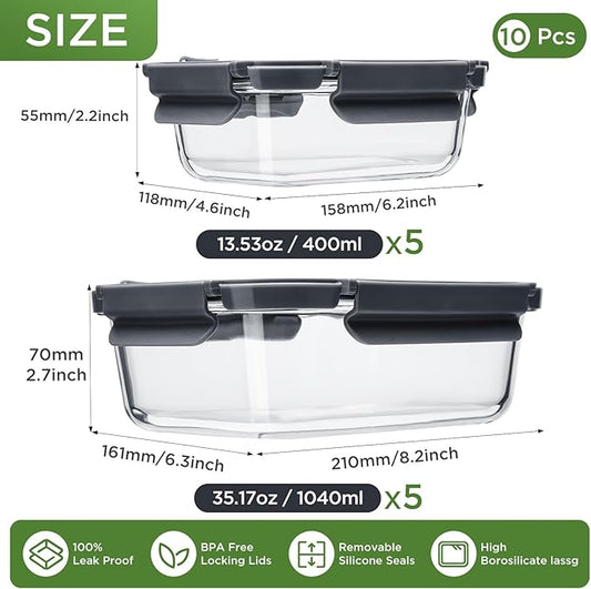 Glass Food Storage Containers with Glass Lids,10 pack [36oz*5+13.5oz*5], Glass Meal Prep Container with Airtight Lids, Microwave Safe Food Container Set, BPA Free, LeakProof, Ideal for Lunch
