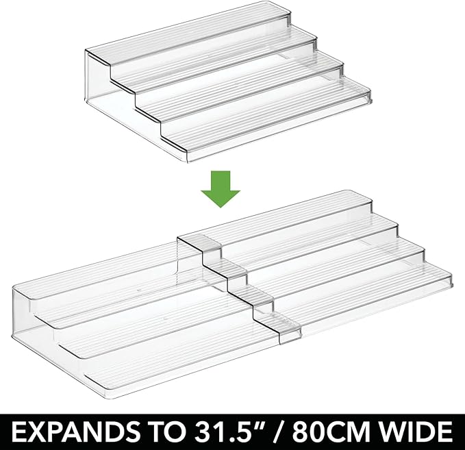 mDesign Plastic Adjustable, Expandable 4-Tier Kitchen Cabinet, Pantry, Shelf Organizer/Spice Rack - Storage for Spice Bottles, Jars, Seasonings, Baking Supplies, Lumiere Collection - Clear