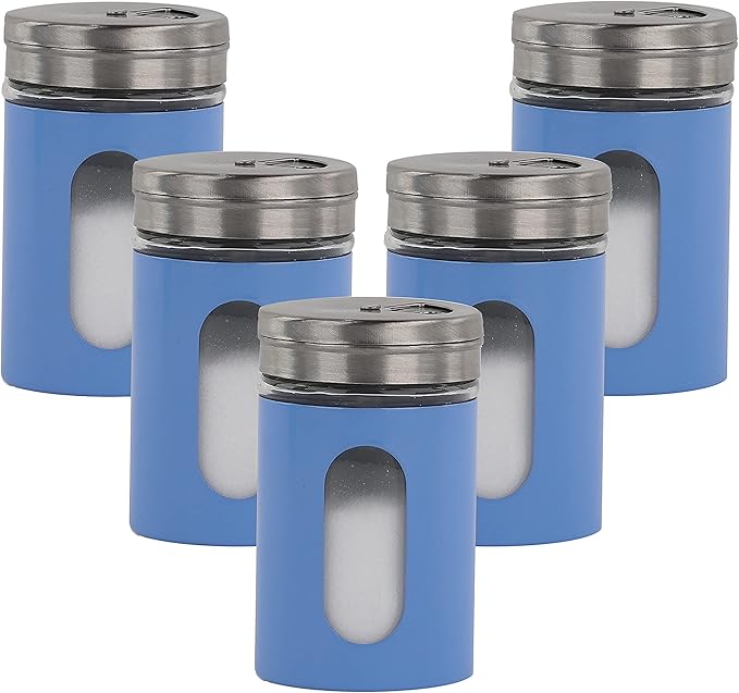 Denim Blue Salt Pepper Shakers Retro Spice Jars Glass - Set of 5