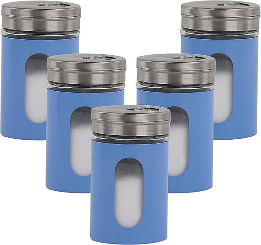 Denim Blue Salt Pepper Shakers Retro Spice Jars Glass - Set of 5