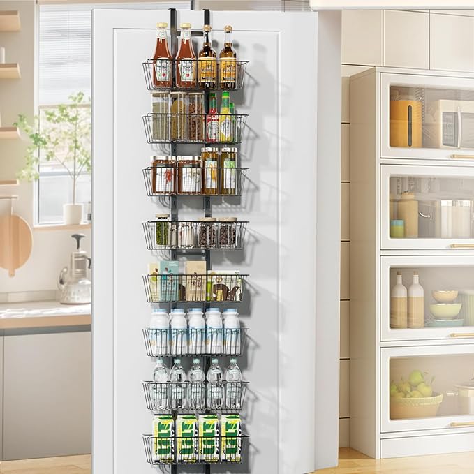 8 Tier Over the Door Pantry Organizer, Over the Door Spice Rack with Adjustable Baskets, Metal Hanging Door Pantry Organizers and Storage for Kitchen Bathroom Bedroom, Black
