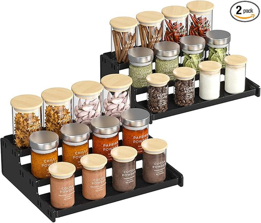 Lifewit Plastic 3-Tier Spice Rack, Black Spice Organization for Cabinet, Counter, Organizer Shelf for Condiment, Seasoning, Liquor, Medicine Bottle for Kitchen, Pantry, bar, 2 Pack