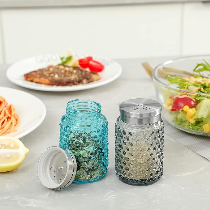 EVEREST Hobnail Salt and Pepper Shakers Glass Set of 2, 4.0 OZ with Salt Shaker Adjustable Stainless Steel Lid-Glass Spice Jars，Strong and durable Best Kitchen Decoration