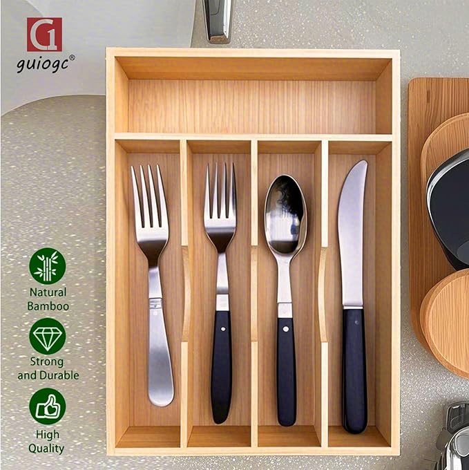 Bamboo Kitchen Drawer Silverware Organizer, 9 Inch Silverware Utensils Tray Holder for Small Drawer, Cutlery Tray, Wood Caddy for Flatware Cutlery Knives 5-Slots