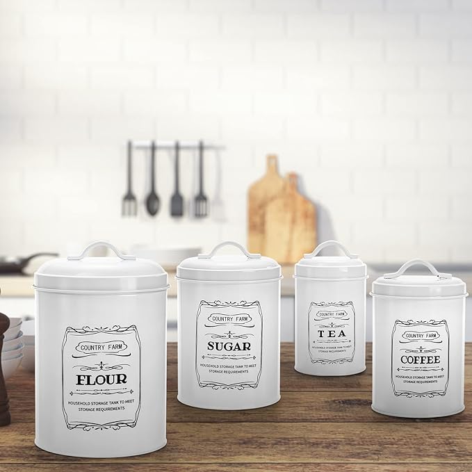 yarlung Set of 4 Kitchen Canisters with Airtight Lids, Coffee Tea Sugar Flour Tin Jars Nesting Food Storage Container Set for Farmhouse Decor, 4 Sizes