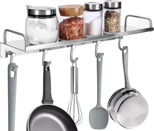 Spice Holder Rack Wall Mounted, Pots Pans Cups Hanger 16 Inch With 5 Hooks-Heavy Duty Small Kitchen Organizer - 304 Stainless Steel Shelf Coffee Mugs Storager for Glass Jars Bottles Utensil Cookware