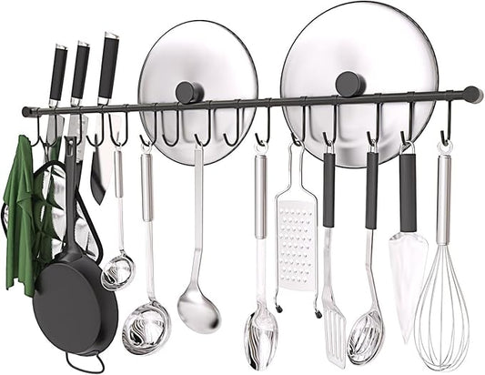 304 Stainless Steel Kitchen Utensil Hanger - 30 Inch Wall Mount with 15 Pcs Noiseless Sliding Hooks, Pots and Pans Hanging Rack, Organizer Storage for Spoon Peeler, Black