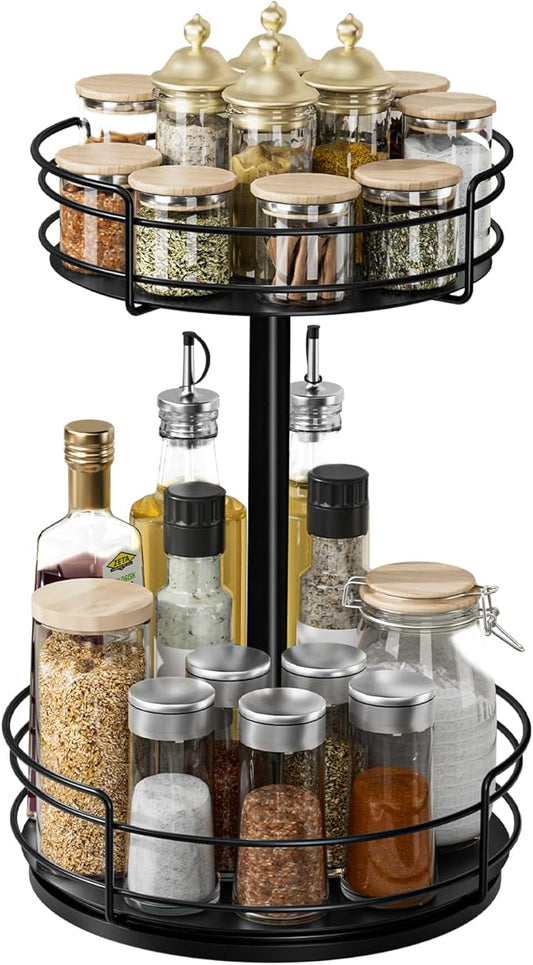Lazy Susan Organizer, 2 Tier Lazy Susan Turntable for Cabinet, Spice Rack for Cabinet, Metal 360° Rotating Organizer for Kitchen, Cabinet, Countertop, Bathroom, Pantry, Black