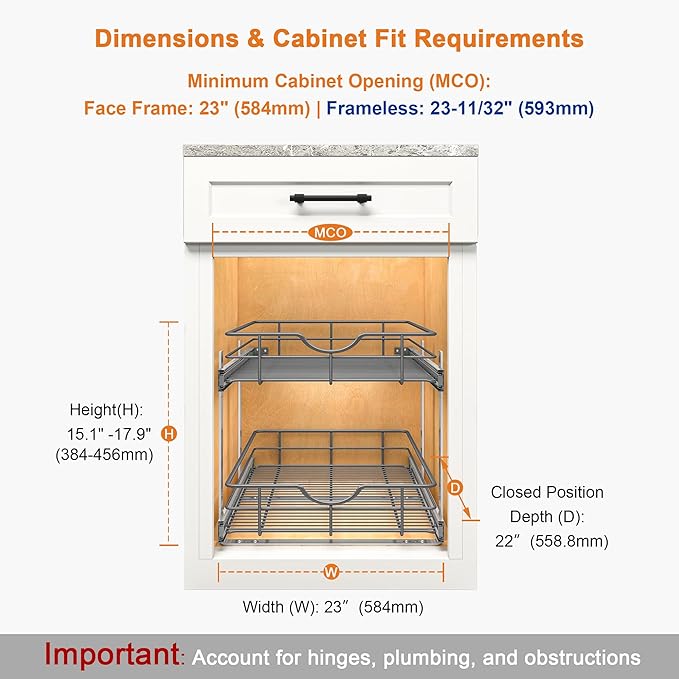 ALINE FURNITURE 2-Tier Pull Out Cabinet Organizer - 23" W x 22" D Soft Close Pullout Shelves for Kitchen Cabinets - Slide Out Drawers, Heavy Duty Steel Wire