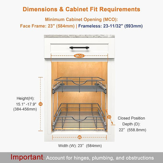 ALINE FURNITURE 2-Tier Pull Out Cabinet Organizer - 23" W x 22" D Soft Close Pullout Shelves for Kitchen Cabinets - Slide Out Drawers, Heavy Duty Steel Wire