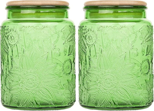 Glass Storage Jars With Airtight Lid, 23.7oz Canister For Kitchen Counter with Bamboo Lid, brown sugar, candy, coffee, cookie, salt, tea,pantry cute Jar (Green 2-Pack, 23.7 fl oz)