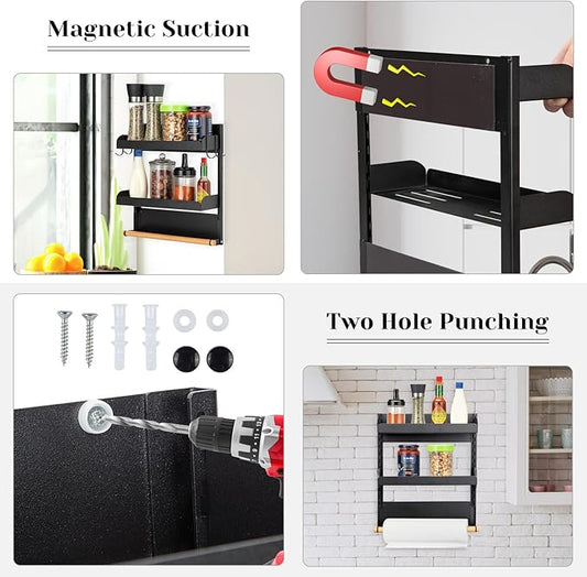 Magnetic Spice Rack, 2 Tier Magnetic Spice Organizer for Refrigerator, Magnetic Shelf with Paper Towel Holder for Kitchen Storage