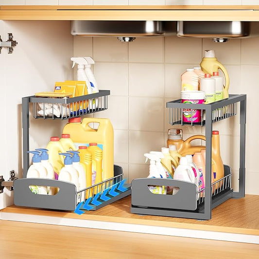 Under Sink Organizer 2 Pack,Metal Pull Out Cabinet Organizer Shelf,Kitchen Bathroom Organizers and Storage with Sliding Drawer,Storage Shelves,Storage and organization for Home,Laundry,RV,Pantry,Spice