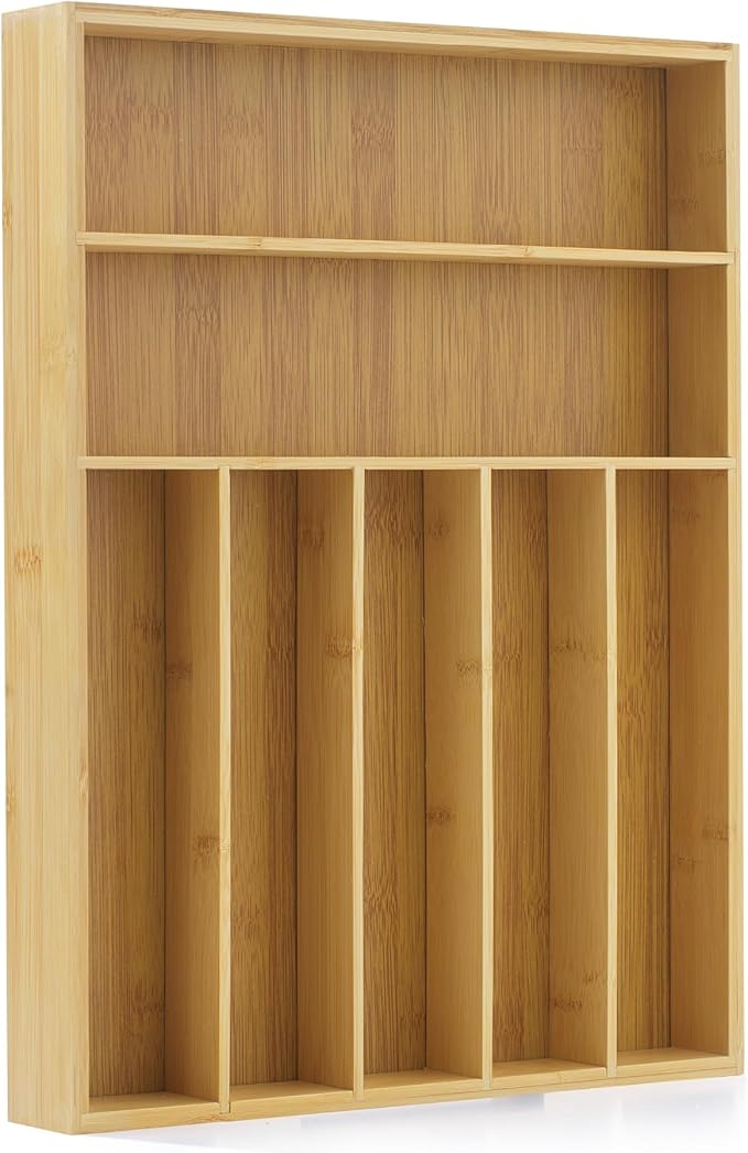 JoyJolt Bamboo Drawer Organizer, 7-Compartment Silverware Organizer, Cutlery and Utensil Organizer, Drawer Organizers for Garage, Kitchen, and Bathroom, Organizer Drawers for Kitchen Utensils