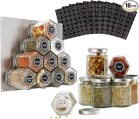 Art Secret 16-Pack Magnetic Hexagon Glass Spice Jars with 394pcs Labels, Shaker Lids and Stainless Wall-Plate (3 oz)