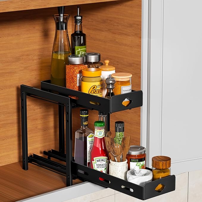 RCHYFEED Pull Out Spice Rack Organizer for Cabinet, 2-Tier Heavy Duty Slide Out Spice Rack for Inside Cabinets & Pantry, Kitchen Seasoning Organizer Vertical Spice Racks,5.5" Wx10.8 Dx9.7 H,Black