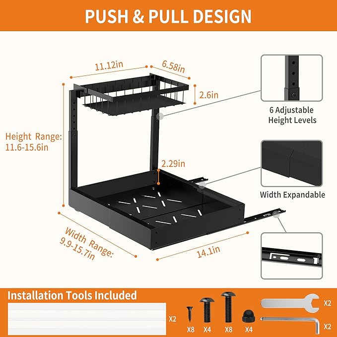 2-Pack Expandable Under Sink Organizers and Storage, 2-Tier Adjustable Pull-Out Cabinet Organizers, Slide-Out Shelves with Width (9.9"-15.7") & Height (11.6"-15.6") for Kitchen & Bathroom