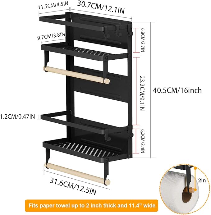 EASTTOWEST Magnetic Spice Rack,4 Tier Kitchen Magnetic Shelf for Refrigerator Fridge Organizer with 2 Paper Towel Holders and 5 Removable Hooks,Matte Black