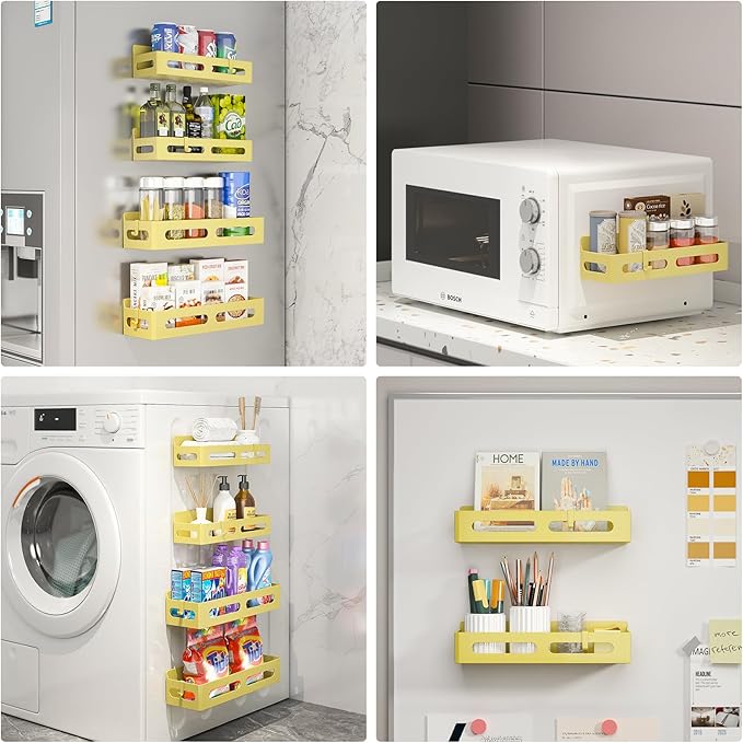 4 Pack Magnetic Spice Rack for Refrigerator, Spice Rack Organizer, Moveable Magnetic Shelf Fridge Organizer with 4 Hooks for Kitchen and Oven Organization, Yellow
