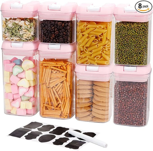 U-QE Airtight Food Storage Containers -8 Piece BPA Free Clear Plastic Airtight Containers with Easy Lock Lids for Kitchen Pantry Organization and Storage - Sugar, Flour, Cereal, Labels & Marker