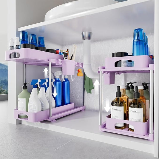 Under Sink Organizer - 2 Pack Adjustable Height, 2 Tier Organizers for Bathroom & Kitchen Sink, Purple