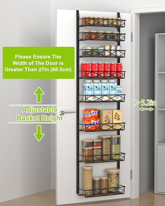 Over The Door Pantry Organizer, 8-Tier Wood & Metal Over The Door Organizer with Adjustable Basket, Hanging Spice Rack, Door Organization and Storage for Kitchen Pantry Door Cabinet, Black