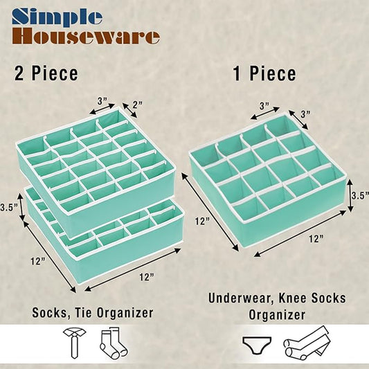 Simple Houseware Sock Drawer Organizer for Dresser/Closet/Bedroom, 3 Pack, Turquoise