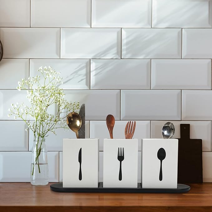Kathfly 4 Pcs Silverware Caddy Utensil Holder for Countertop Silverware Organizer with Wood Tray Spoon Fork Holder 3. 15 x 3. 15 x 4. 53 Inches of Each Organizer for Kitchen Parties(White)