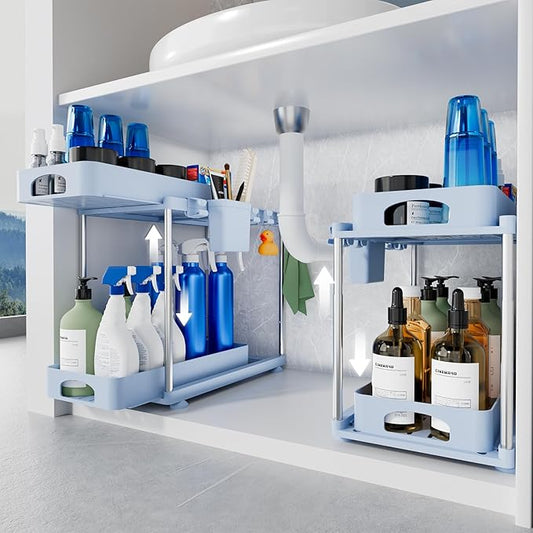 Under Sink Organizer (2 Pack), 2 Tier Under Sink Organizer, Adjustable Height Cabinet Organizer and Storage, in Blue
